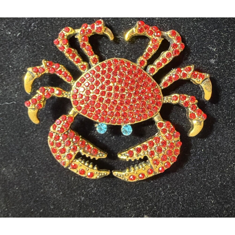 Gold Tone Red Rhinestone Crab Brooch Pin Pavé Setting Blue Eyes 2 in
